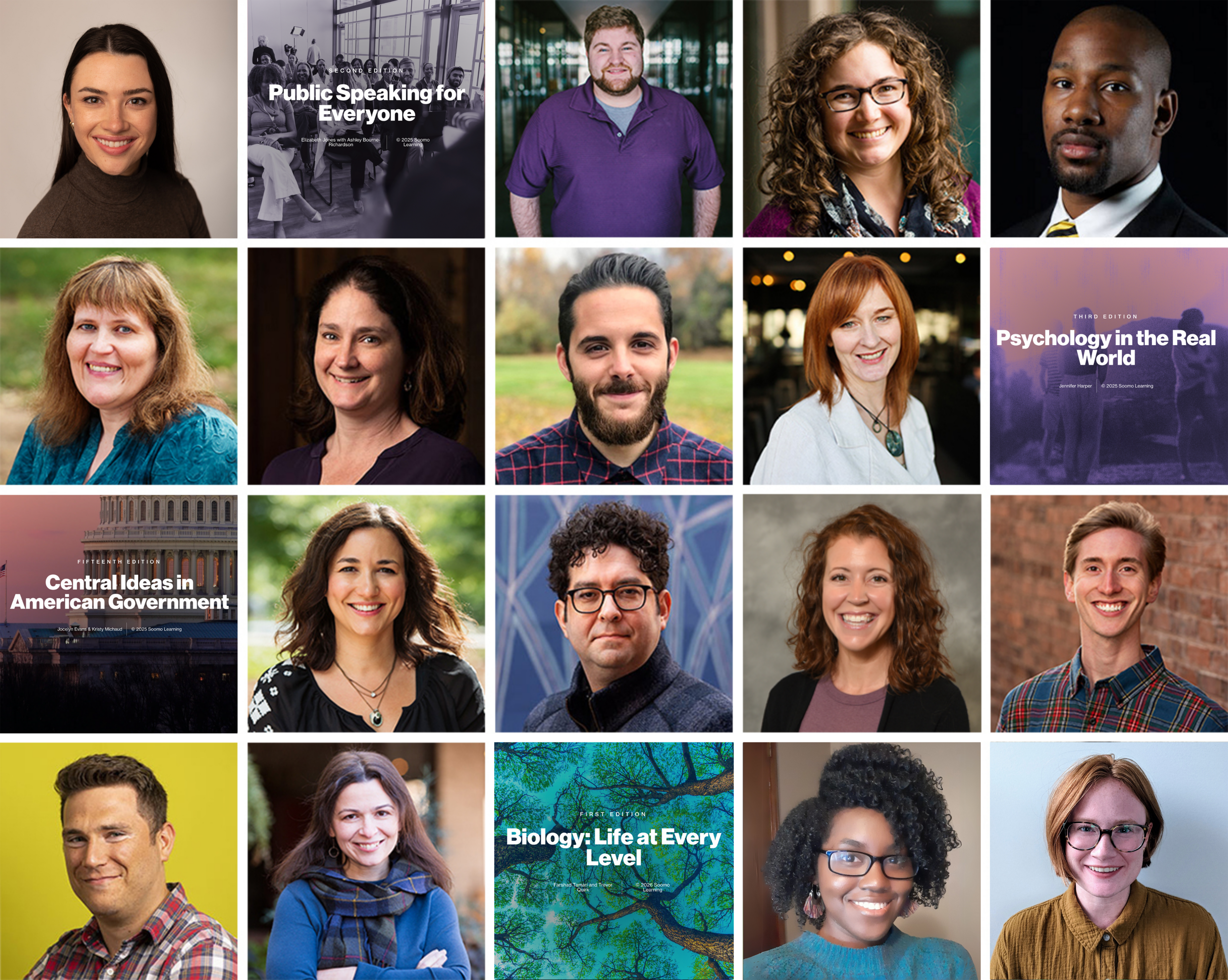This collage of Soomo employees includes 16 headshots and 4 webtext covers.