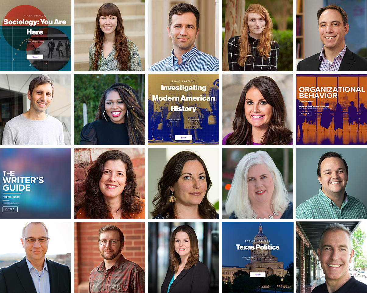 This collage of Soomo employee headshots and webtext covers includes 15 employees and 5 webtext covers.