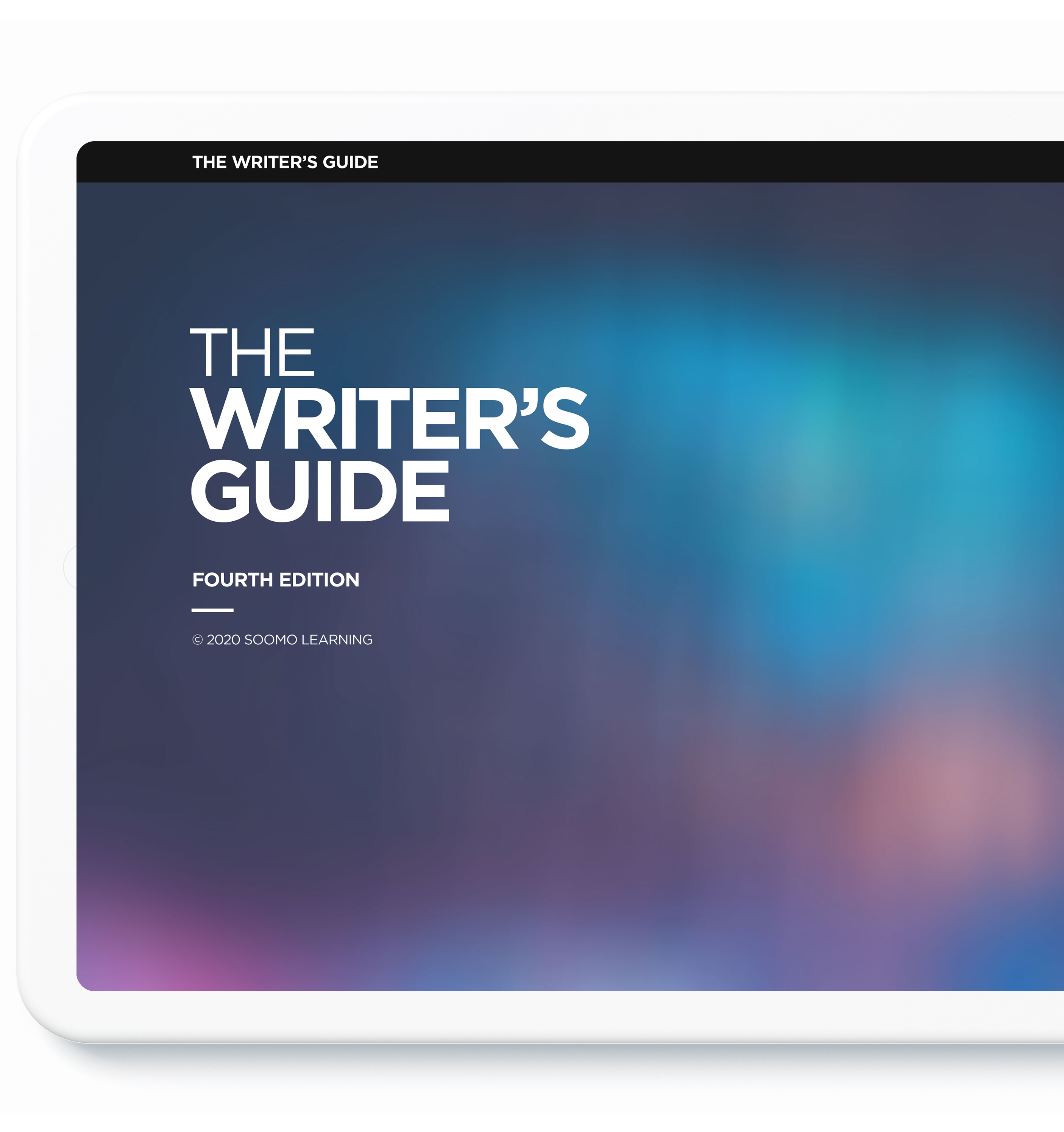 Tablet screen displaying The Writers Guide cover
